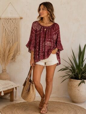 Paisley Ruffle-Sleeve Peasant Blouse in Burgundy